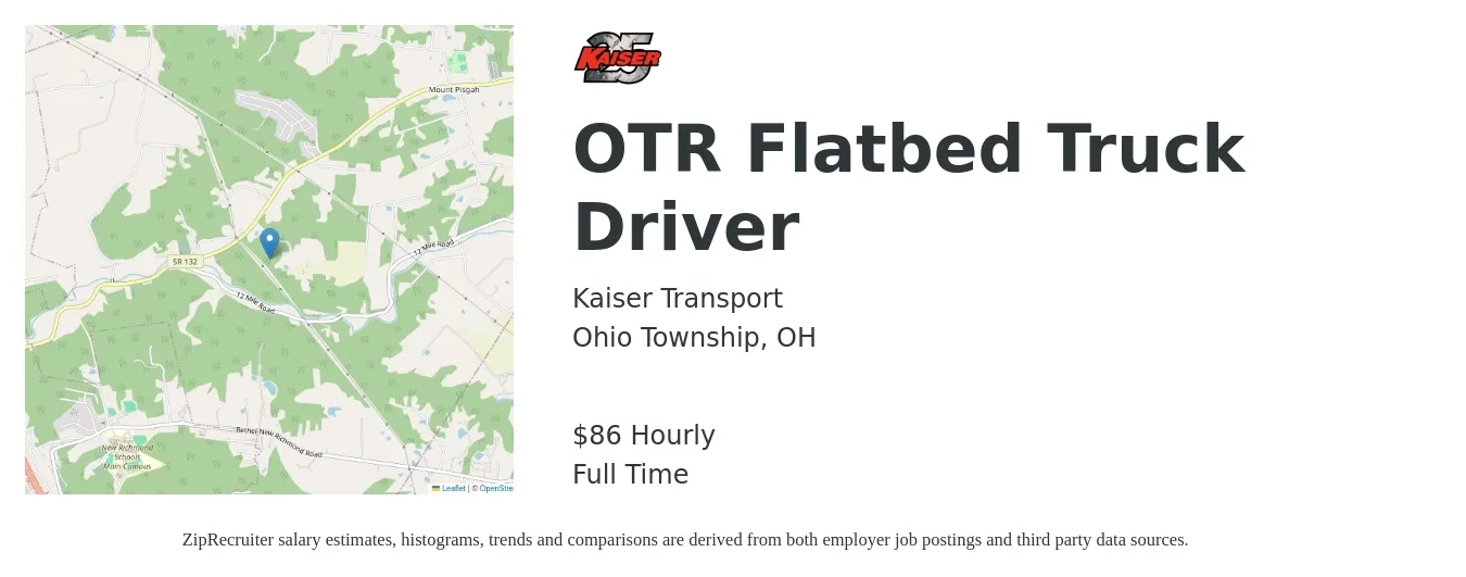 Kaiser Transport job posting for a OTR Flatbed Truck Driver in Ohio Township, OH with a salary of $90 Hourly with a map of Ohio Township location.