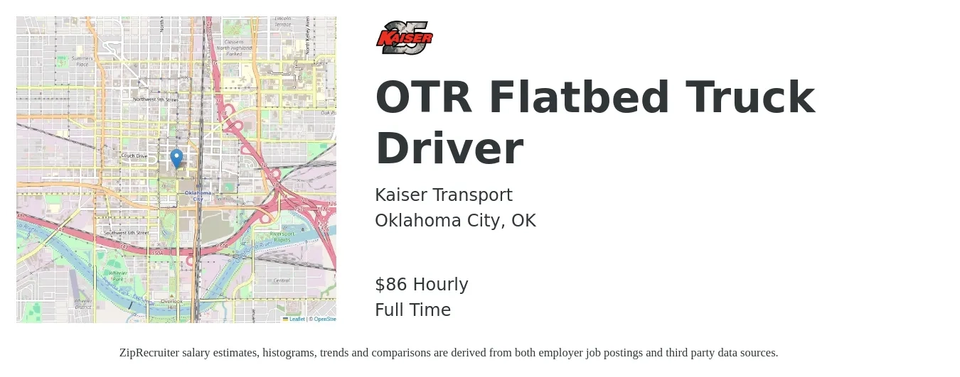 Kaiser Transport job posting for a OTR Flatbed Truck Driver in Oklahoma City, OK with a salary of $90 Hourly with a map of Oklahoma City location.