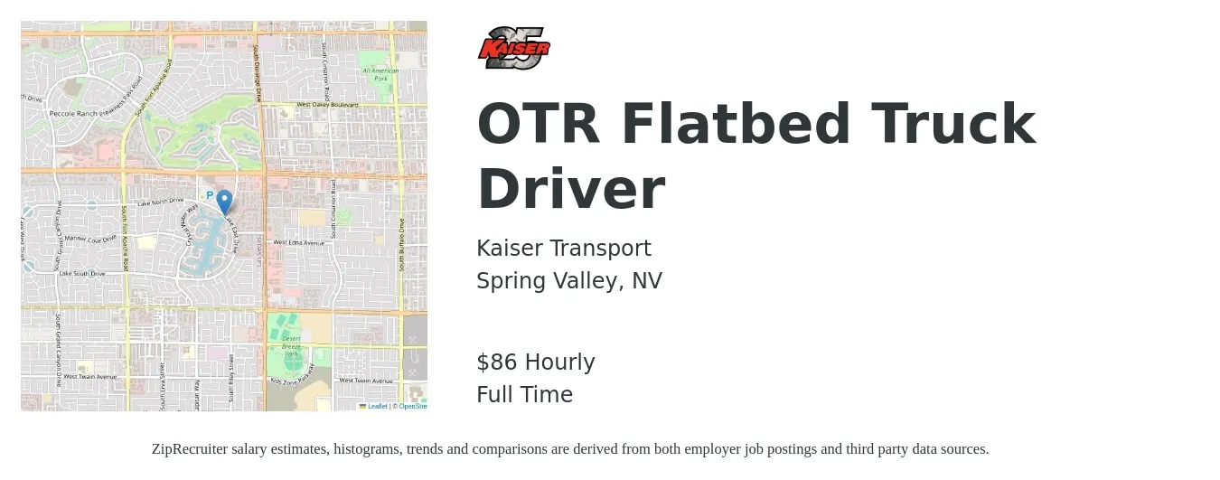 Kaiser Transport job posting for a OTR Flatbed Truck Driver in Spring Valley, NV with a salary of $90 Hourly with a map of Spring Valley location.