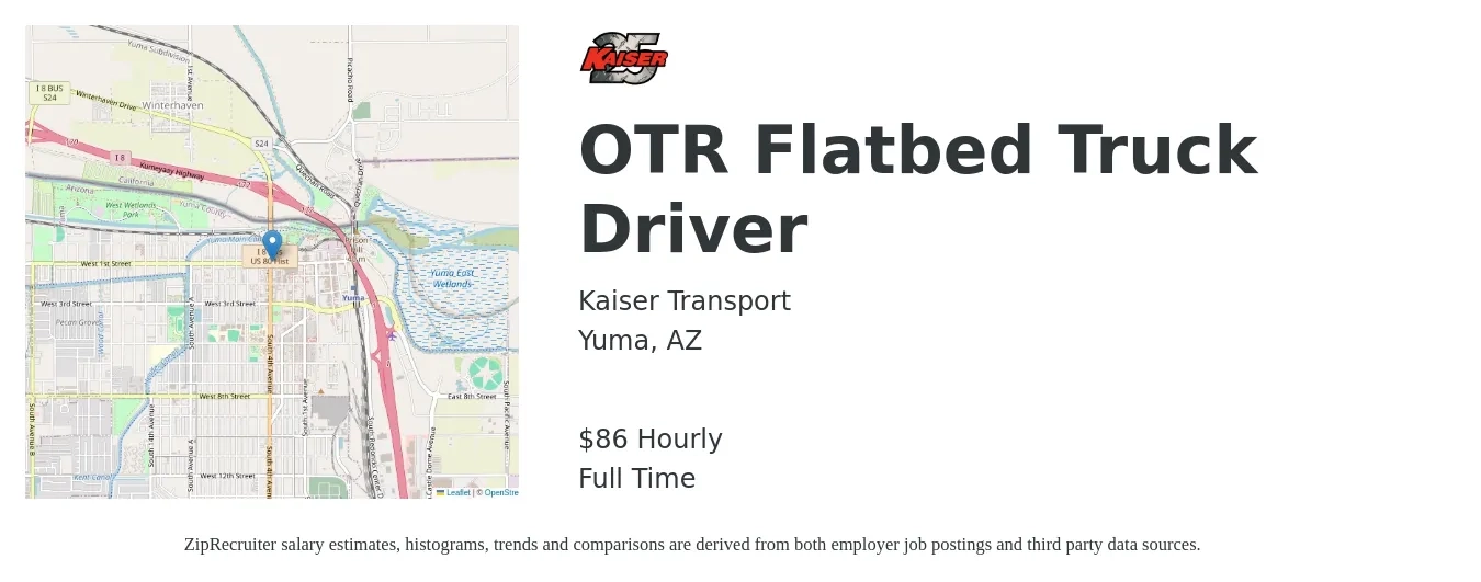 Kaiser Transport job posting for a OTR Flatbed Truck Driver in Yuma, AZ with a salary of $90 Hourly with a map of Yuma location.