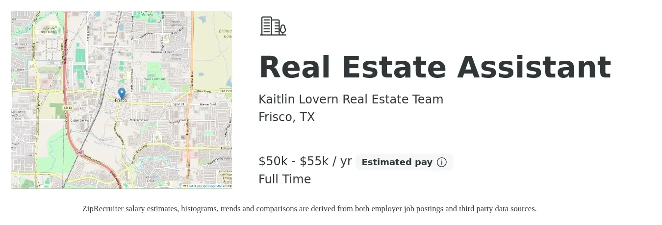 Kaitlin Lovern Real Estate Team job posting for a Real Estate Assistant in Frisco, TX with a salary of $50,000 to $55,000 Yearly with a map of Frisco location.