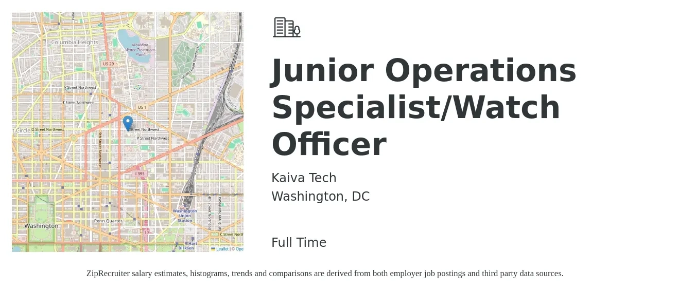 Kaiva Tech job posting for a Junior Operations Specialist/Watch Officer in Washington, DC with a salary of $64,500 to $111,500 Yearly with a map of Washington location.