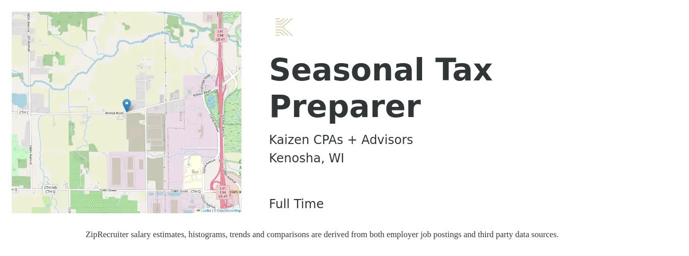 Kaizen CPAs + Advisors job posting for a Seasonal Tax Preparer in Kenosha, WI with a salary of $14 to $18 Hourly with a map of Kenosha location.