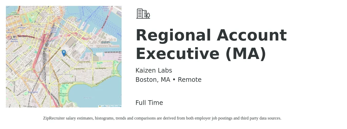 Kaizen Labs job posting for a Regional Account Executive (MA) in Boston, MA with a salary of $78,800 to $115,200 Yearly with a map of Boston location.