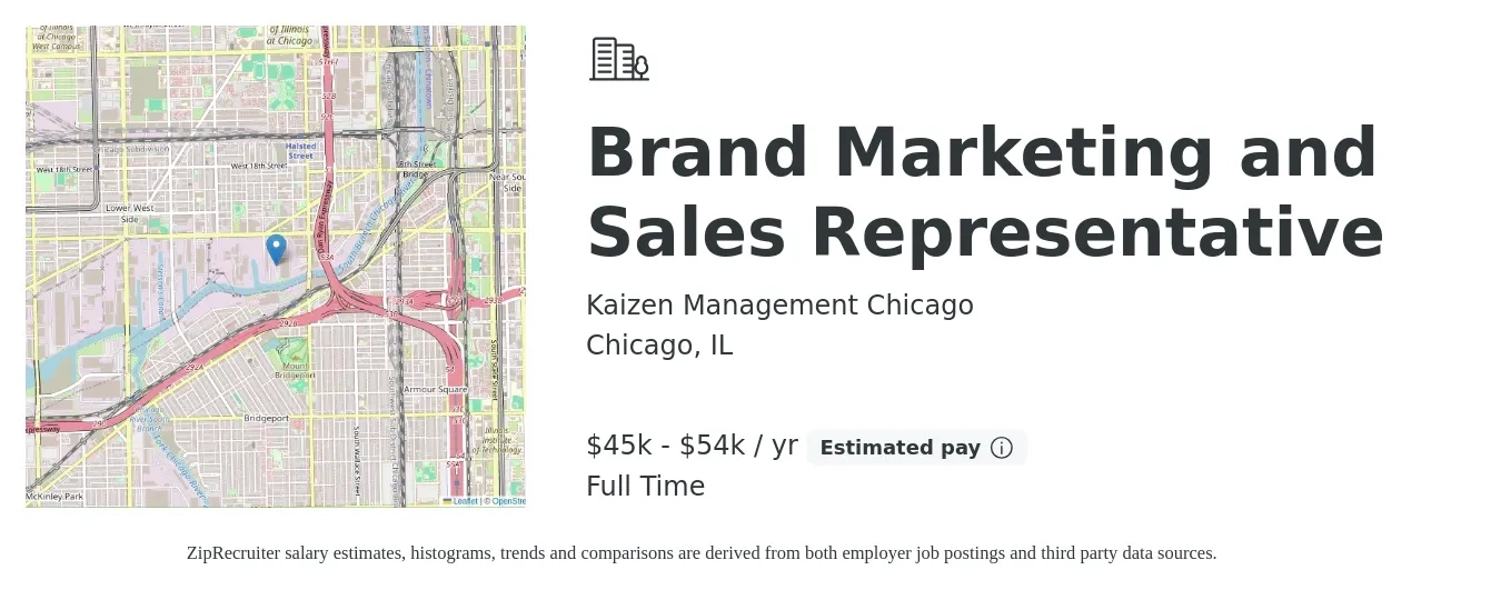 Kaizen Management Chicago job posting for a Brand Marketing and Sales Representative in Chicago, IL with a salary of $45,000 to $54,000 Yearly with a map of Chicago location.