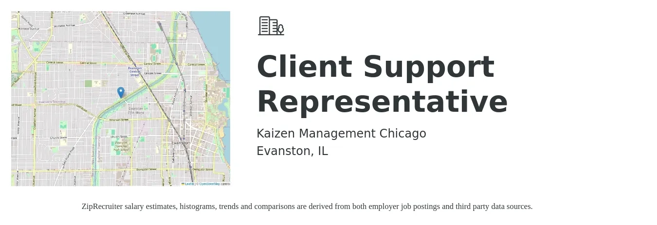Kaizen Management Chicago job posting for a Client Support Representative in Evanston, IL with a salary of $42,000 to $52,000 Yearly with a map of Evanston location.