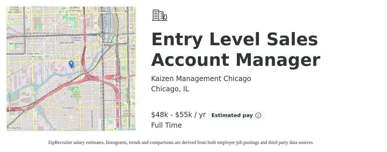 Kaizen Management Chicago job posting for a Entry Level Sales Account Manager in Chicago, IL with a salary of $48,000 to $55,000 Yearly with a map of Chicago location.
