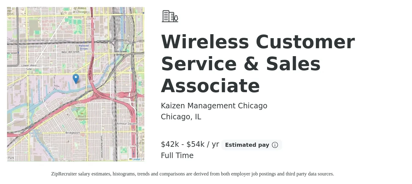 Kaizen Management Chicago job posting for a Wireless Customer Service & Sales Associate in Chicago, IL with a salary of $42,000 to $54,000 Yearly with a map of Chicago location.