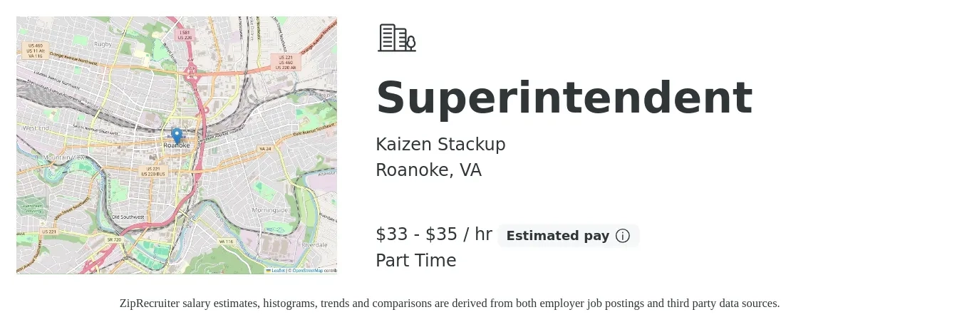 Kaizen Stackup job posting for a Superintendent in Roanoke, VA with a salary of $35 to $37 Hourly with a map of Roanoke location.