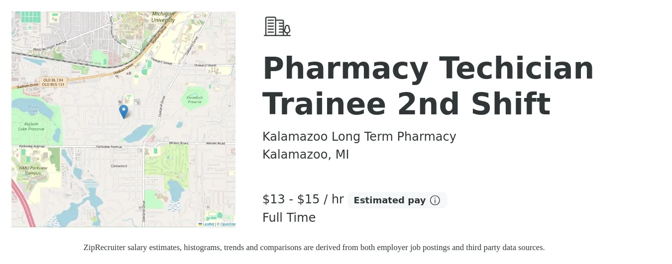 Kalamazoo Long Term Pharmacy job posting for a Pharmacy Techician Trainee 2nd Shift in Kalamazoo, MI with a salary of $14 to $16 Hourly with a map of Kalamazoo location.