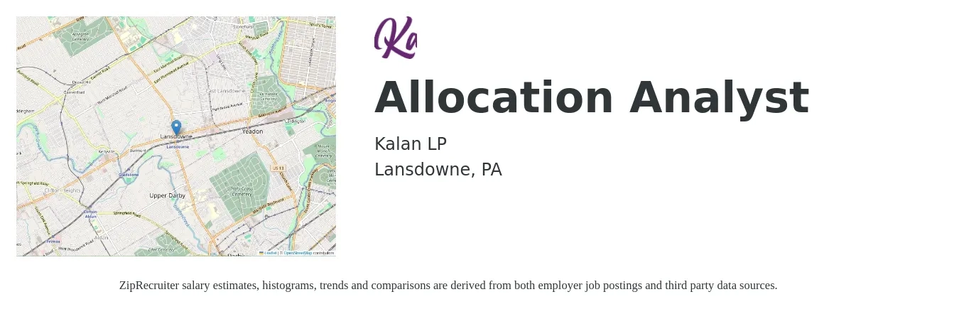 Kalan LP job posting for a Allocation Analyst in Lansdowne, PA with a salary of $50,000 to $60,000 Yearly with a map of Lansdowne location.