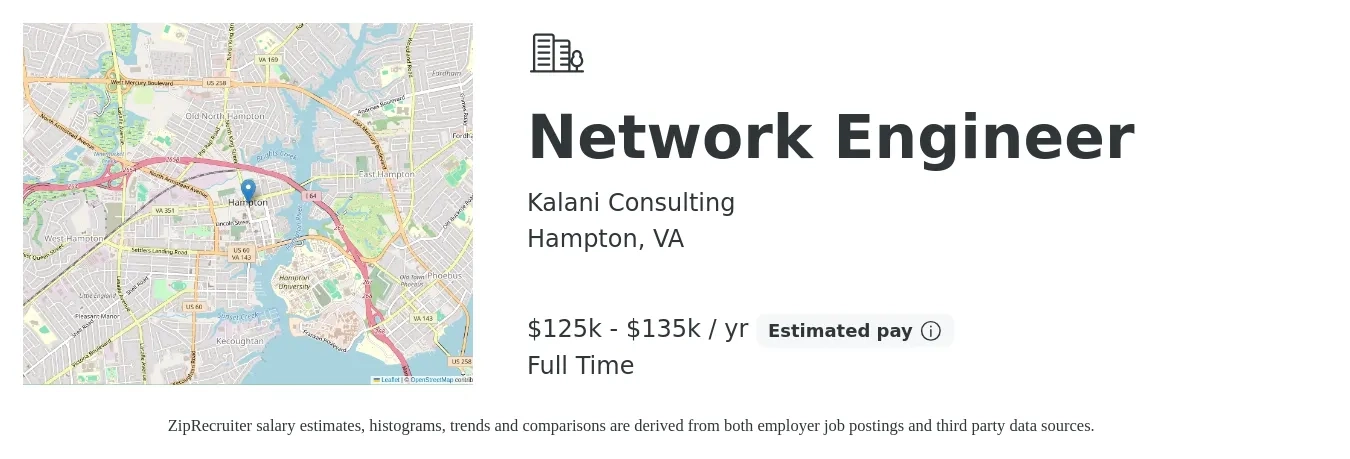 Kalani Consulting job posting for a Network Engineer in Hampton, VA with a salary of $125,000 to $135,000 Yearly with a map of Hampton location.
