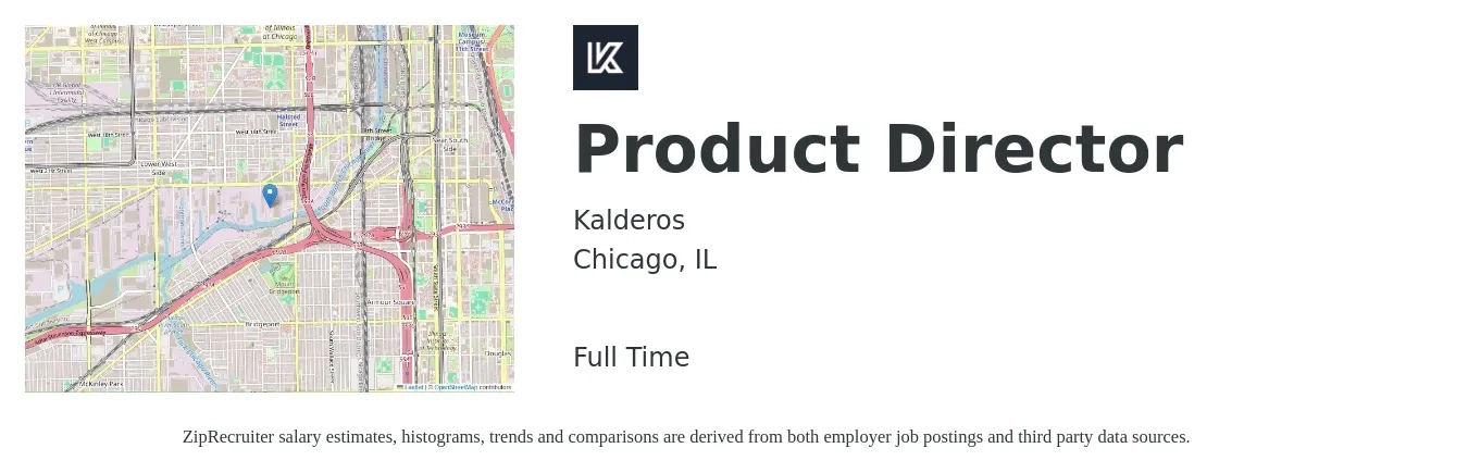 Kalderos job posting for a Product Director in Chicago, IL with a salary of $240,000 to $251,400 Yearly with a map of Chicago location.