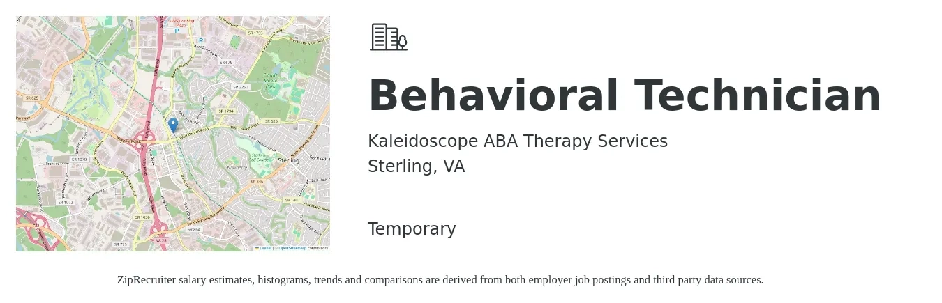 Kaleidoscope ABA Therapy Services job posting for a Behavioral Technician in Sterling, VA with a salary of $18 to $24 Hourly with a map of Sterling location.