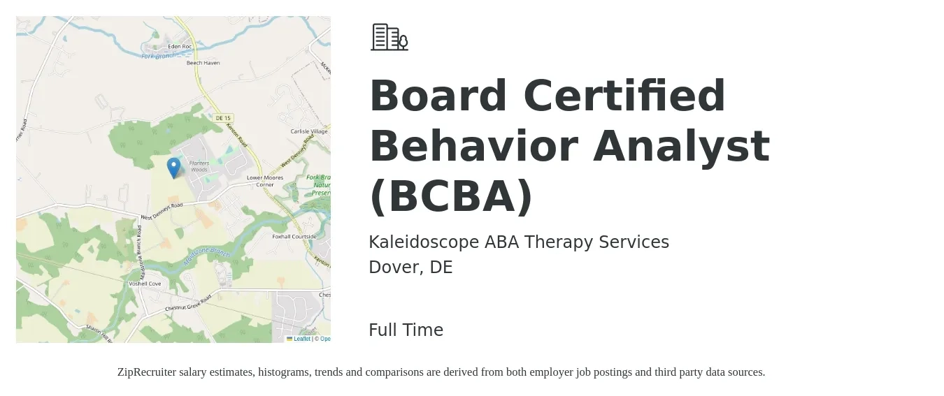 Kaleidoscope ABA Therapy Services job posting for a Board Certified Behavior Analyst (BCBA) in Dover, DE with a salary of $6,000 Monthly with a map of Dover location.