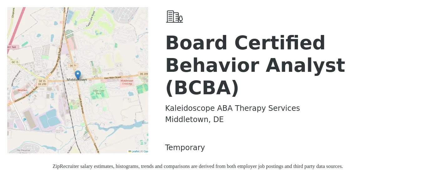 Kaleidoscope ABA Therapy Services job posting for a Board Certified Behavior Analyst (BCBA) in Middletown, DE with a salary of $6,000 Monthly with a map of Middletown location.