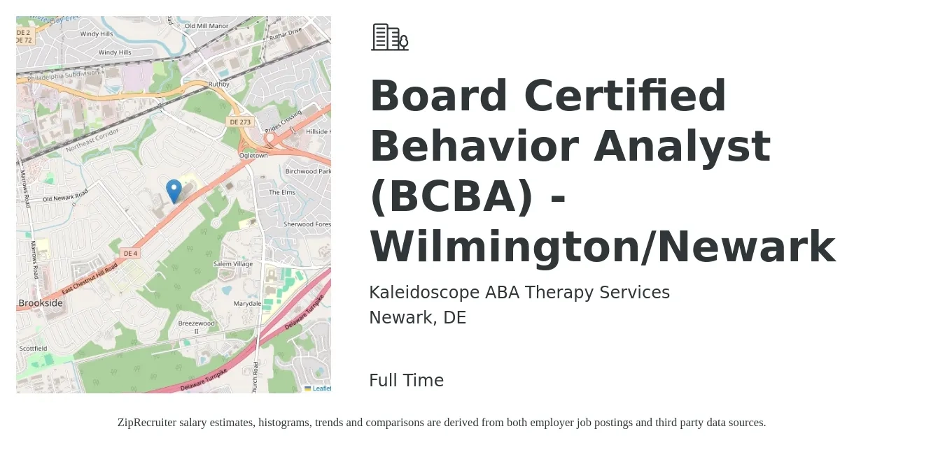 Kaleidoscope ABA Therapy Services job posting for a Board Certified Behavior Analyst (BCBA) - Wilmington/Newark in Newark, DE with a salary of $6,000 Monthly with a map of Newark location.
