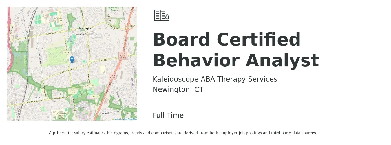 Kaleidoscope ABA Therapy Services job posting for a Board Certified Behavior Analyst in Newington, CT with a salary of $6,000 Monthly with a map of Newington location.