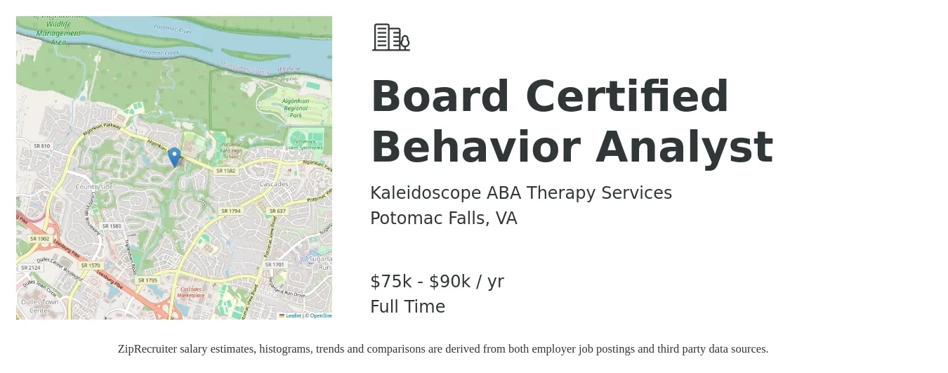 Kaleidoscope ABA Therapy Services job posting for a Board Certified Behavior Analyst in Potomac Falls, VA with a salary of $75,000 to $90,000 Yearly with a map of Potomac Falls location.