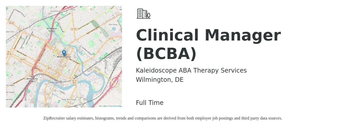 Kaleidoscope ABA Therapy Services job posting for a Clinical Manager (BCBA) in Wilmington, DE with a salary of $71,800 to $87,800 Yearly with a map of Wilmington location.