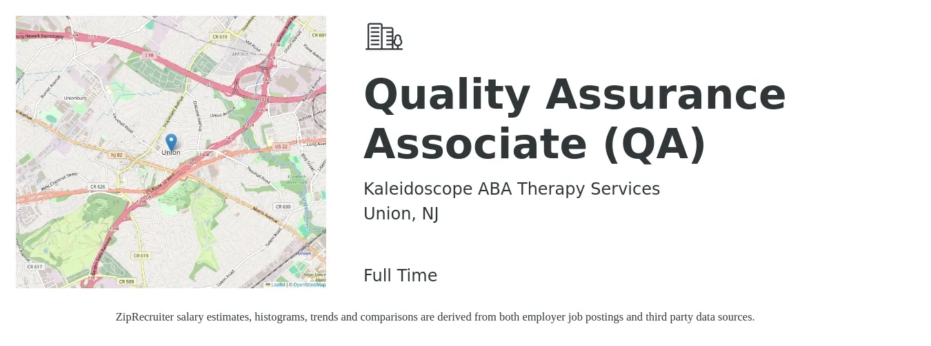 Kaleidoscope ABA Therapy Services job posting for a Quality Assurance Associate (QA) in Union, NJ with a salary of $20 to $36 Hourly with a map of Union location.