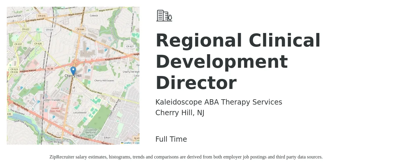 Kaleidoscope ABA Therapy Services job posting for a Regional Clinical Development Director in Cherry Hill, NJ with a salary of $89,000 to $121,100 Yearly with a map of Cherry Hill location.