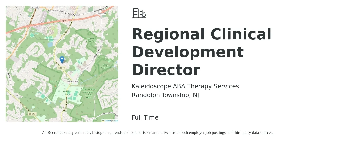 Kaleidoscope ABA Therapy Services job posting for a Regional Clinical Development Director in Randolph Township, NJ with a salary of $92,500 to $125,900 Yearly with a map of Randolph Township location.