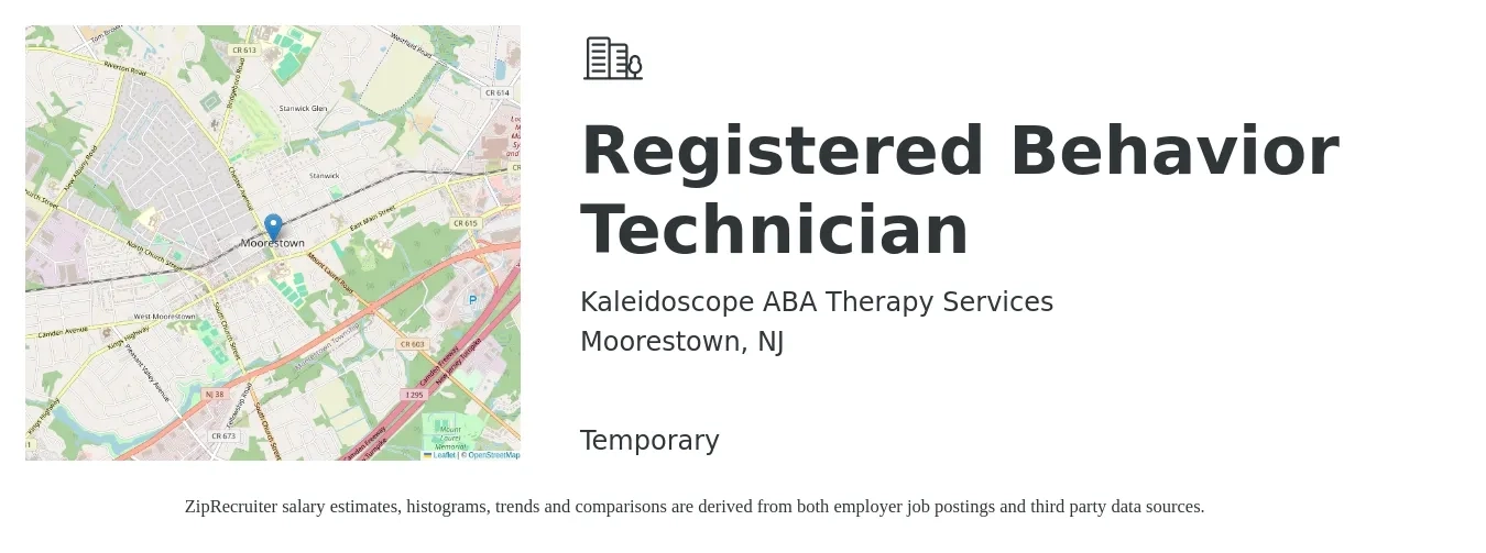 Kaleidoscope ABA Therapy Services job posting for a Registered Behavior Technician in Moorestown, NJ with a salary of $18 to $24 Hourly with a map of Moorestown location.