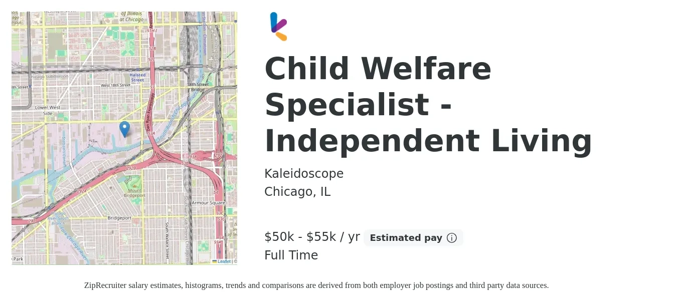 Kaleidoscope job posting for a Child Welfare Specialist - Independent Living in Chicago, IL with a salary of $50,000 to $55,000 Yearly with a map of Chicago location.