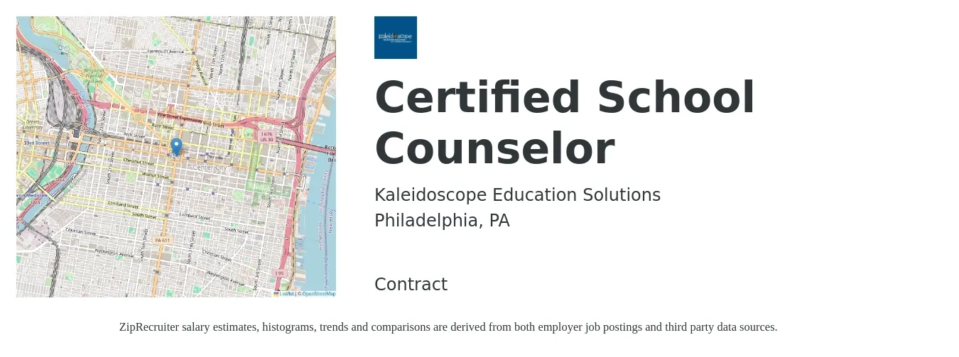 Kaleidoscope Education Solutions job posting for a Certified School Counselor in Philadelphia, PA with a salary of $42,700 to $64,800 Yearly with a map of Philadelphia location.