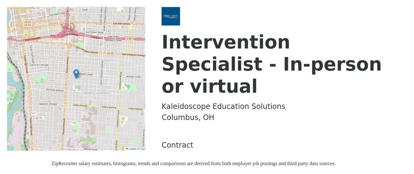 Kaleidoscope Education Solutions job posting for a Intervention Specialist - In-person or virtual in Columbus, OH with a salary of $39,100 to $50,100 Yearly with a map of Columbus location.