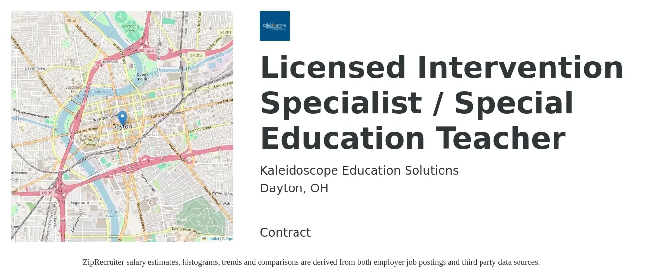 Kaleidoscope Education Solutions job posting for a Licensed Intervention Specialist / Special Education Teacher in Dayton, OH with a salary of $43,900 to $60,800 Yearly with a map of Dayton location.