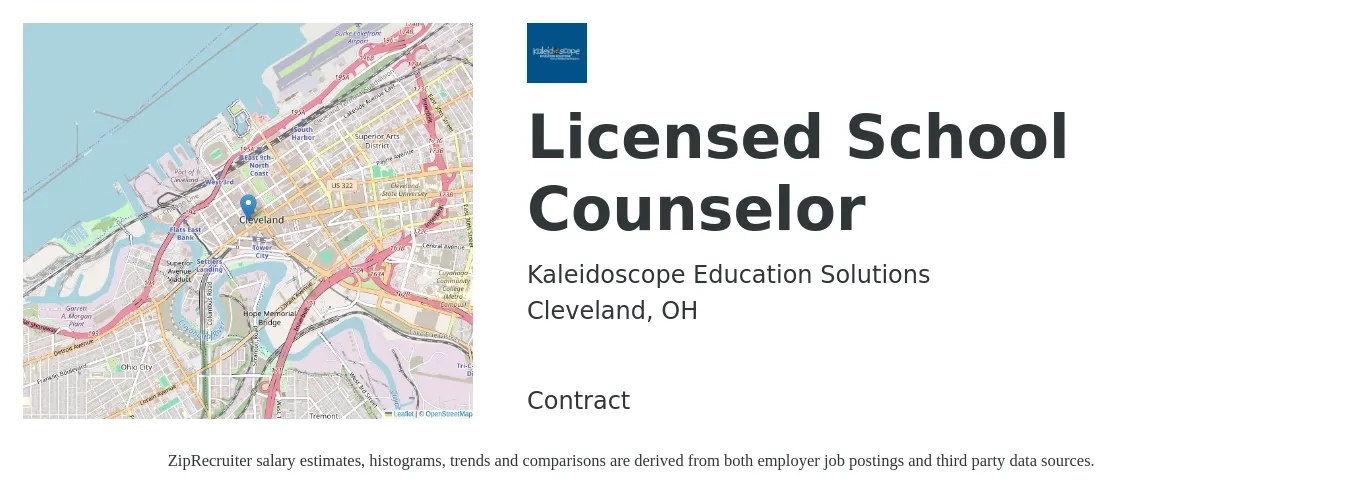 Kaleidoscope Education Solutions job posting for a Licensed School Counselor in Cleveland, OH with a salary of $46,600 to $67,400 Yearly with a map of Cleveland location.