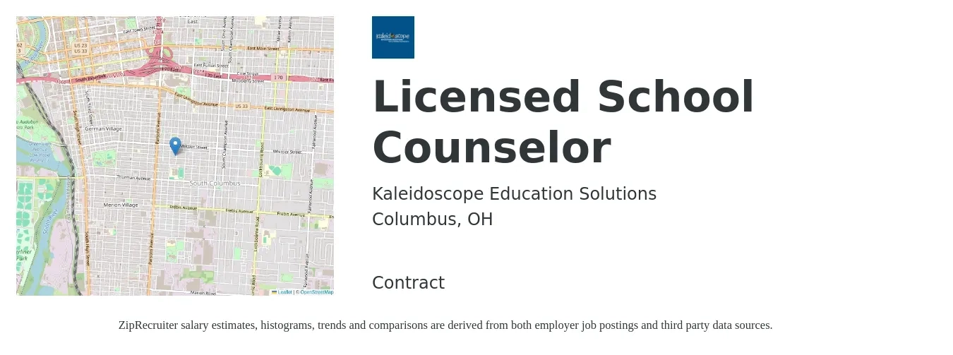 Kaleidoscope Education Solutions job posting for a Licensed School Counselor in Columbus, OH with a salary of $46,400 to $67,100 Yearly with a map of Columbus location.