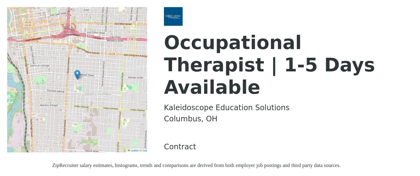 Kaleidoscope Education Solutions job posting for a Occupational Therapist | 1-5 Days Available in Columbus, OH with a salary of $1,550 to $2,070 Weekly with a map of Columbus location.