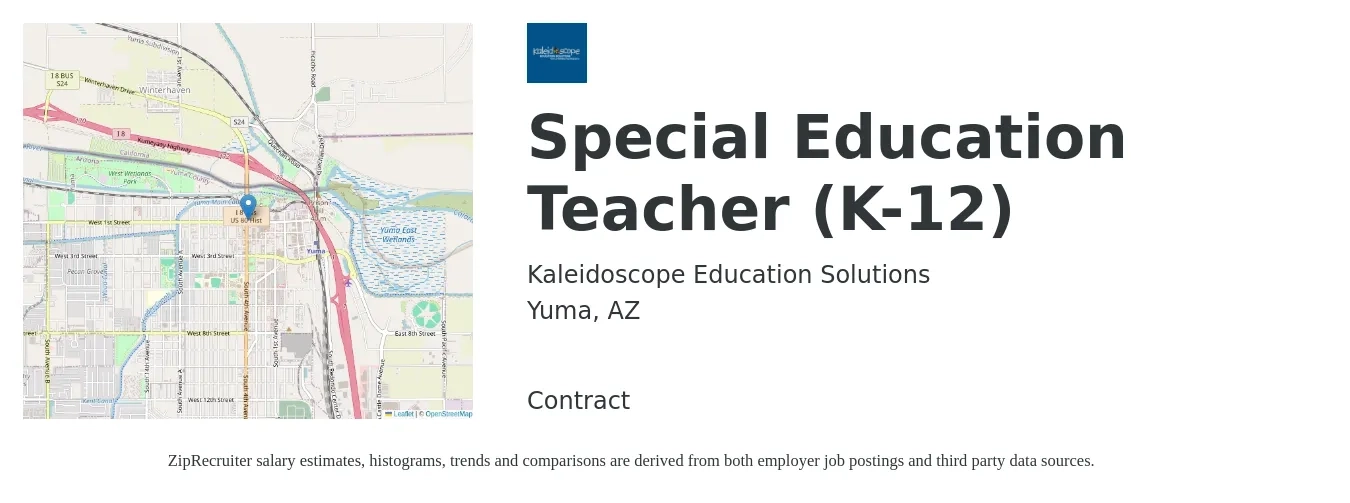Kaleidoscope Education Solutions job posting for a Special Education Teacher (K-12) in Yuma, AZ with a salary of $43,000 to $56,700 Yearly with a map of Yuma location.