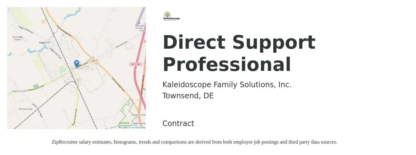 Kaleidoscope Family Solutions, Inc. job posting for a Direct Support Professional in Townsend, DE with a salary of $14 to $18 Hourly with a map of Townsend location.
