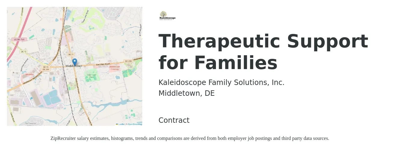 Kaleidoscope Family Solutions, Inc. job posting for a Therapeutic Support for Families in Middletown, DE with a salary of $17 to $20 Hourly with a map of Middletown location.