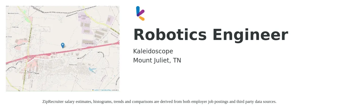Kaleidoscope job posting for a Robotics Engineer in Mount Juliet, TN with a salary of $78,900 to $120,000 Yearly with a map of Mount Juliet location.