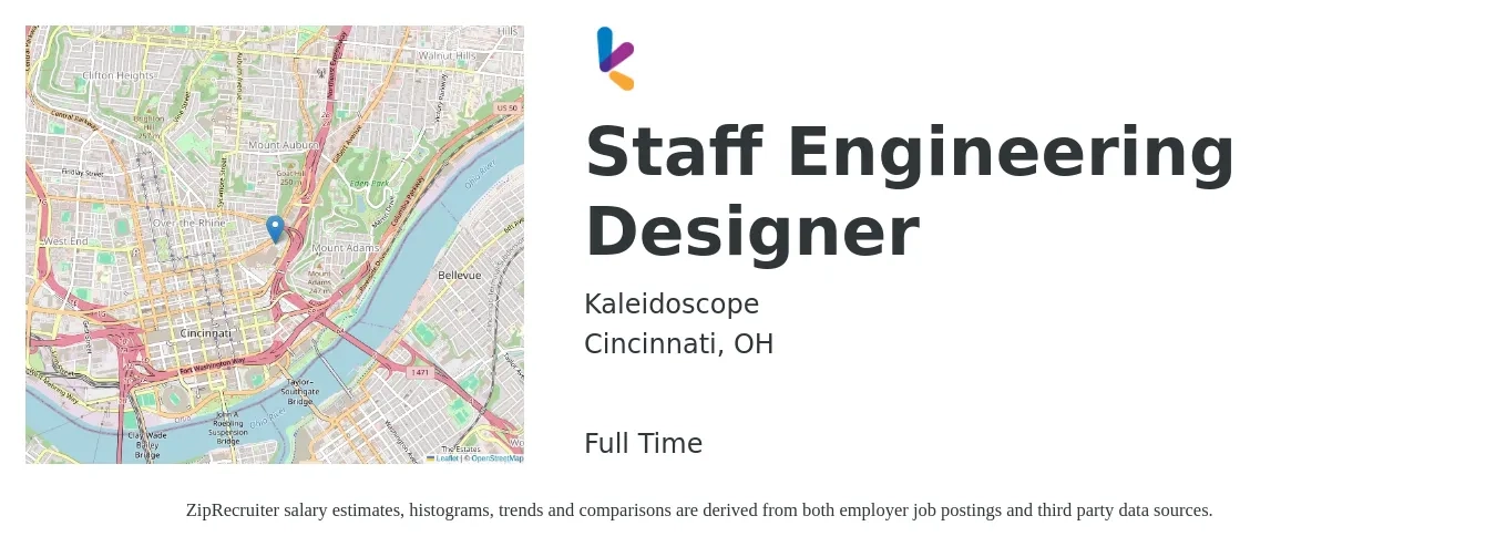 Kaleidoscope job posting for a Staff Engineering Designer in Cincinnati, OH with a salary of $136,400 to $164,200 Yearly with a map of Cincinnati location.