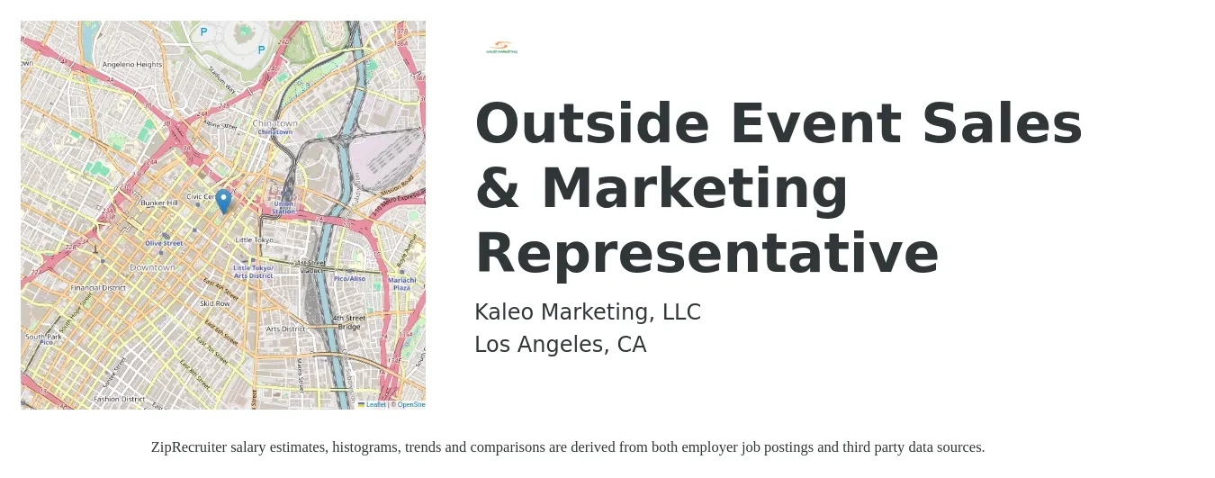 Kaleo Marketing, LLC job posting for a Outside Event Sales & Marketing Representative in Los Angeles, CA with a salary of $1,000 to $5,000 Monthly with a map of Los Angeles location.