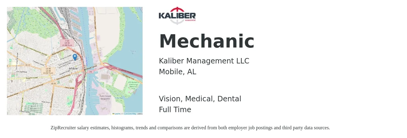 Kaliber Management LLC job posting for a Mechanic in Mobile, AL with a salary of $25 to $30 Daily and benefits including medical, vision, and dental with a map of Mobile location.