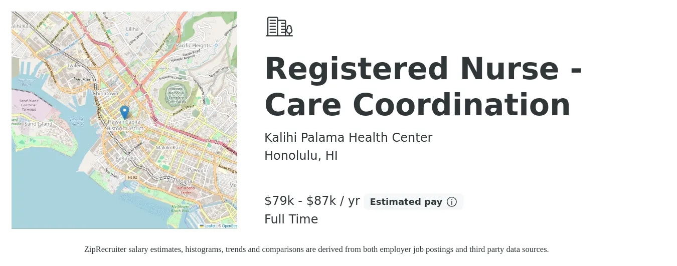 Kalihi Palama Health Center job posting for a Registered Nurse - Care Coordination in Honolulu, HI with a salary of $38 to $42 Hourly with a map of Honolulu location.