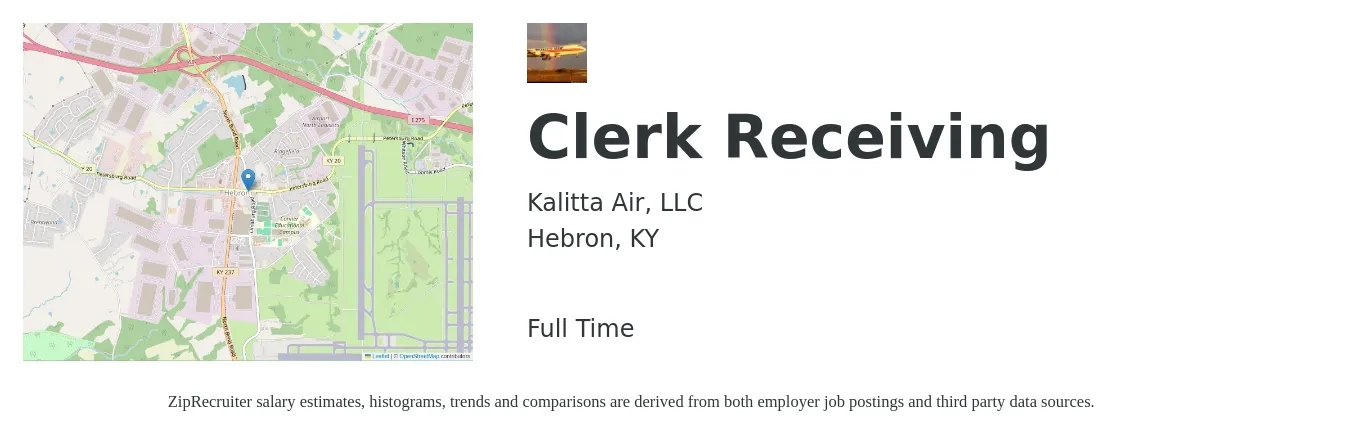 Kalitta Air, LLC job posting for a Clerk Receiving in Hebron, KY with a salary of $16 to $18 Hourly with a map of Hebron location.
