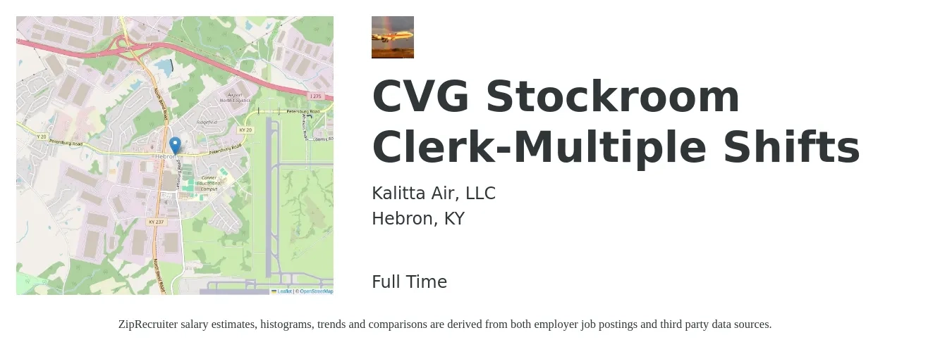 Kalitta Air, LLC job posting for a CVG Stockroom Clerk-Multiple Shifts in Hebron, KY with a salary of $16 to $19 Hourly with a map of Hebron location.