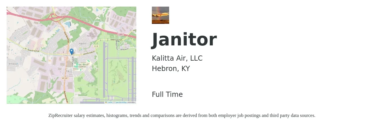 Kalitta Air, LLC job posting for a Janitor in Hebron, KY with a salary of $14 to $18 Hourly with a map of Hebron location.