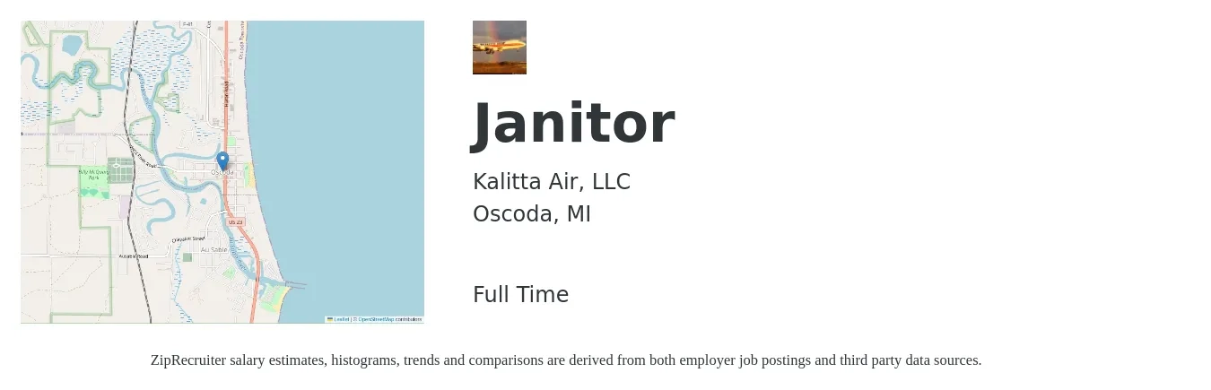 Kalitta Air, LLC job posting for a Janitor in Oscoda, MI with a salary of $13 to $17 Hourly with a map of Oscoda location.