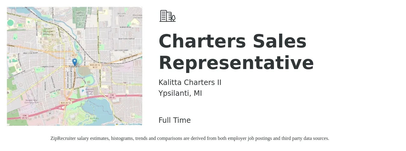 Kalitta Charters II job posting for a Charters Sales Representative in Ypsilanti, MI with a salary of $16 to $25 Hourly with a map of Ypsilanti location.