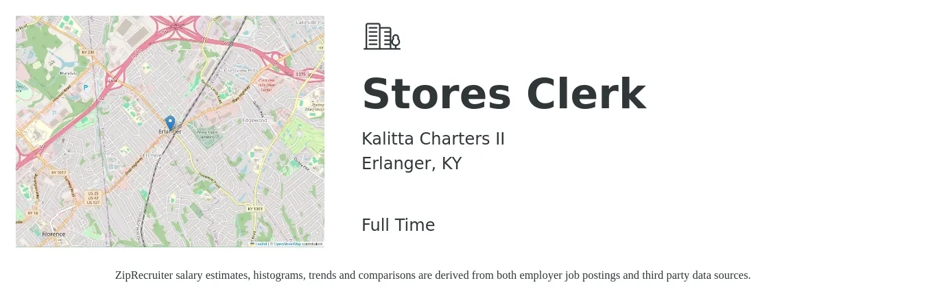 Kalitta Charters II job posting for a Stores Clerk in Erlanger, KY with a salary of $17 to $23 Hourly with a map of Erlanger location.