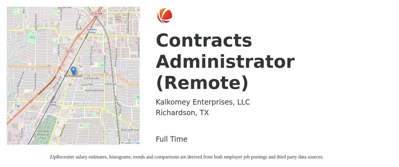Kalkomey Enterprises, LLC job posting for a Contracts Administrator (Remote) in Richardson, TX with a salary of $51,800 to $79,900 Yearly with a map of Richardson location.